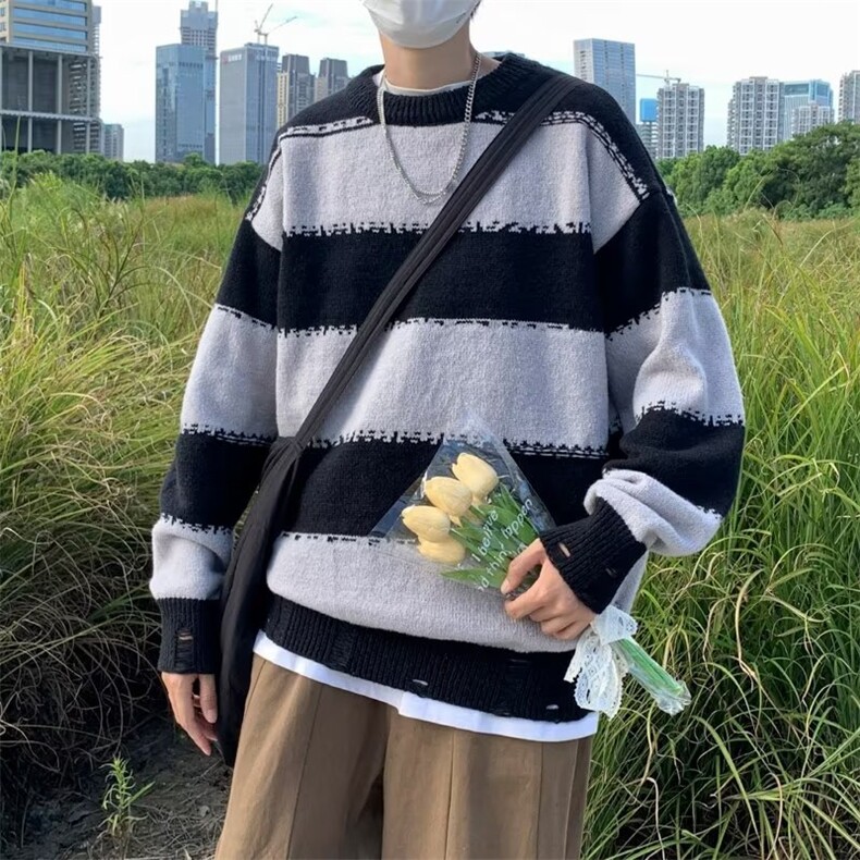 条纹毛衣男秋冬韩版潮流长袖圆领针织衫宽松情侣线衣M857-P39,男装针织衫/毛衣,星座512-2