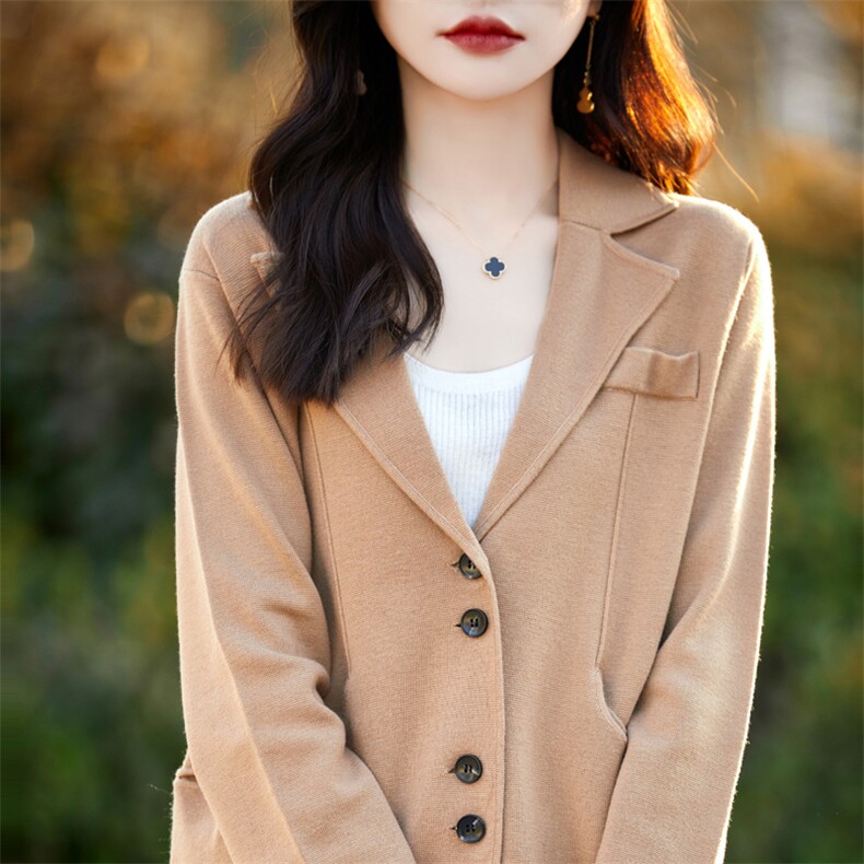 西装领精纺羊毛开衫女春秋新款纯色长袖针织毛衣外套宽松外搭上衣,女装羊毛衫,总能电商供货