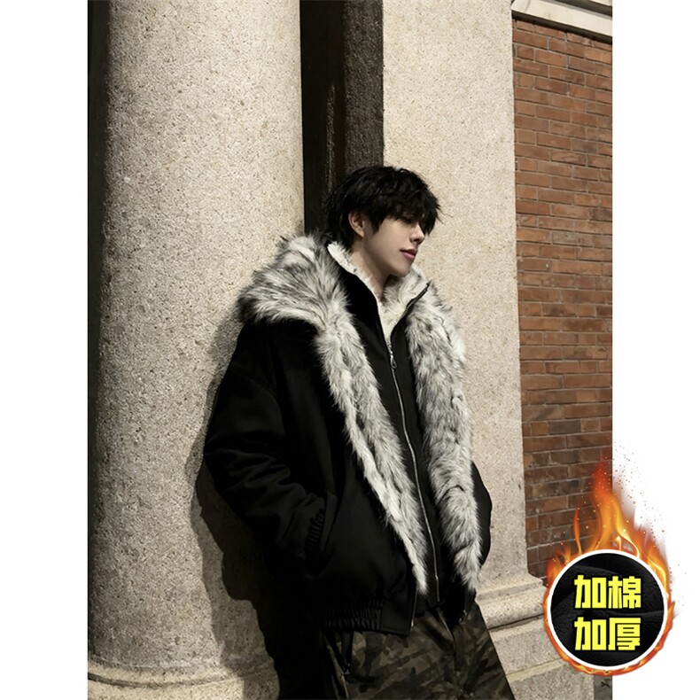 现货高品质美式高街重磅狼王座山雕毛毛领假两件棉衣加厚棉服外套，男装棉衣，电商A486-1