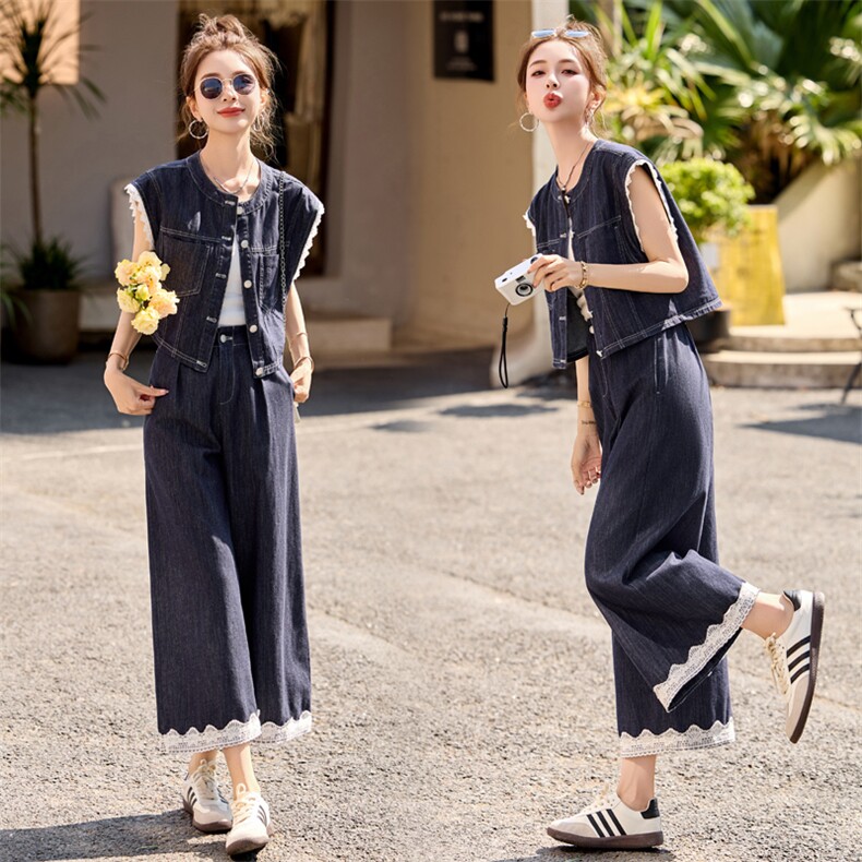 盐系复古蕾丝花边拼接牛仔马甲上衣阔腿裤套装两件套女夏韩系穿搭，女装套装/套裙，瑶迪依秀