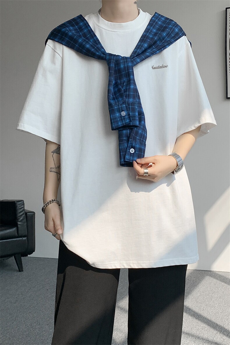 8XL-M潮情侣美式拼接打结格子假两件短袖宽松纯棉T恤男DX338,男装T恤,电商D206-1