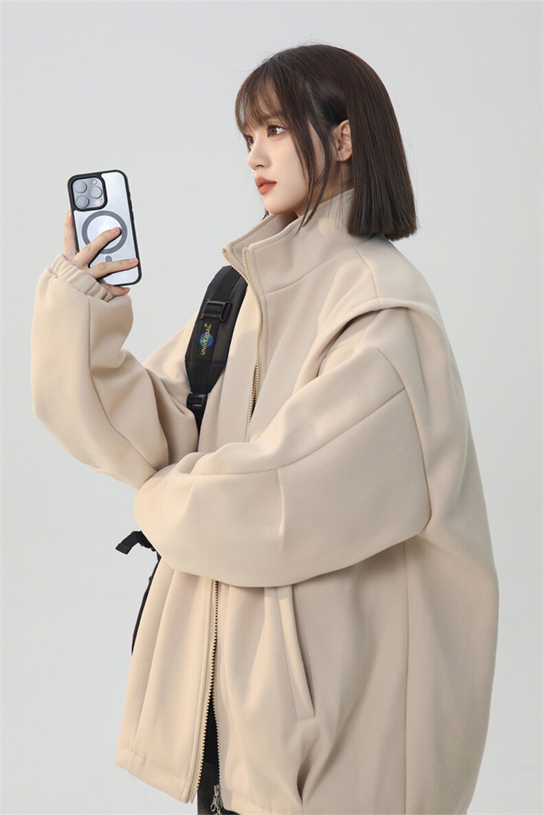 N188/P85秋冬新款褶皱毛呢外套男呢大衣宽松百搭呢料夹克潮上衣,女装毛呢外套,电商基地A050
