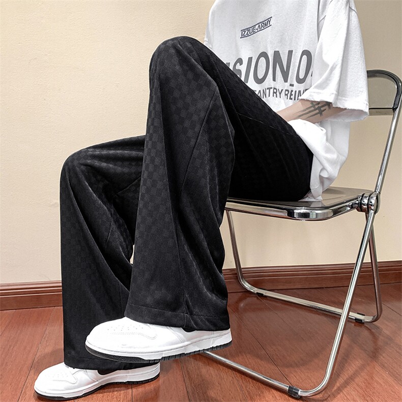 美式嘻哈夏季冰丝超薄格子直筒阔腿裤高街垂感拖地长裤K886-P45，男装休闲裤，电商B289