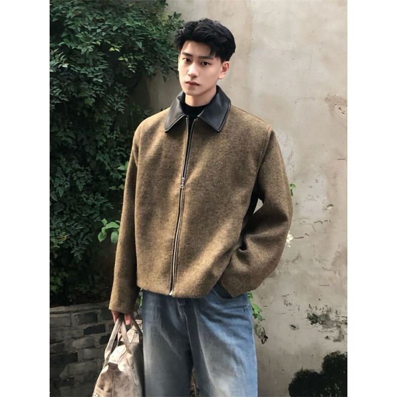 美式复古老钱风pu皮拼接短款夹克男秋冬季高级感cleanfit毛呢外套,男装夹克,四季星座505
