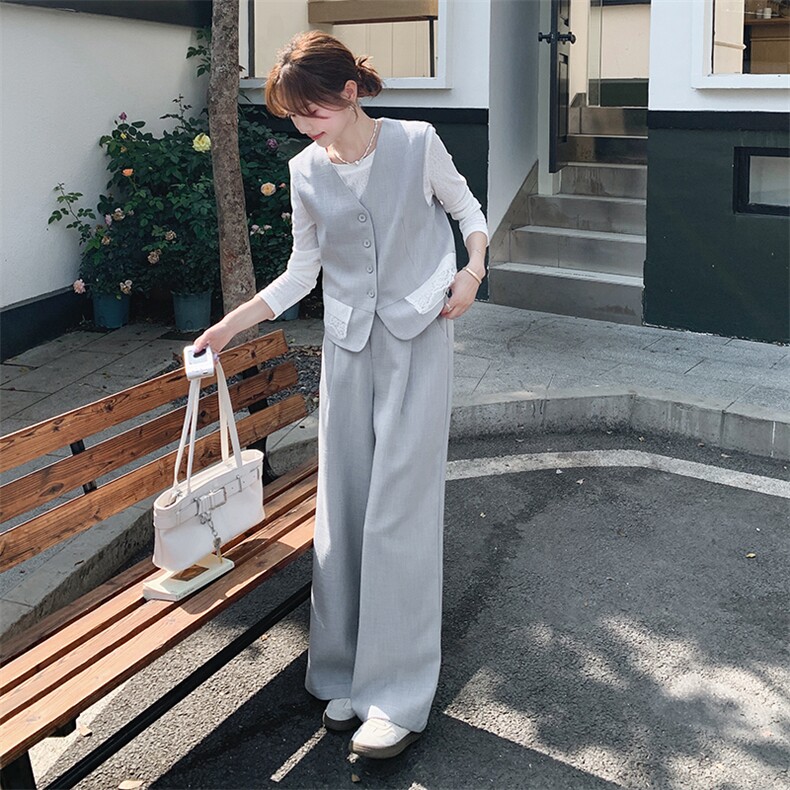 轻熟风蕾丝拼接西装马甲三件套女2025春季新款设计感打底衫阔腿裤,女装套装/套裙,2C205