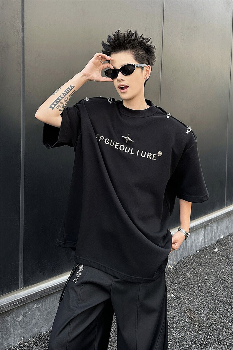 8XL-M夏季小众解构飞机扣一字肩设计稿短袖立体T恤卫衣男DX331P58,男装T恤,电商D206-1