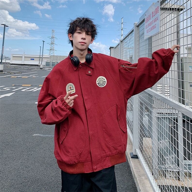 2025春季新款男装日系潮牌纯色外套胸章刺绣贴标休闲翻领拉链夹克,男装夹克,星座1210-1