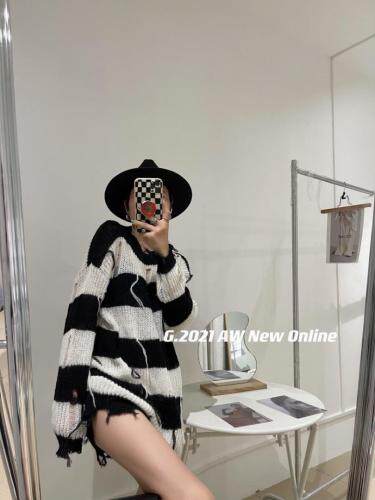 现货秋季新款破洞针织个性毛衣，女装针织衫/毛衣，G