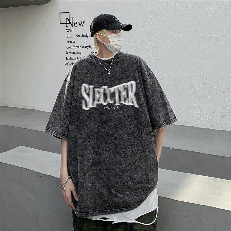 乌梅紫水洗做旧短袖t恤男士夏季美式复古欧美潮牌hiphop重磅体恤,男装T恤,星座203