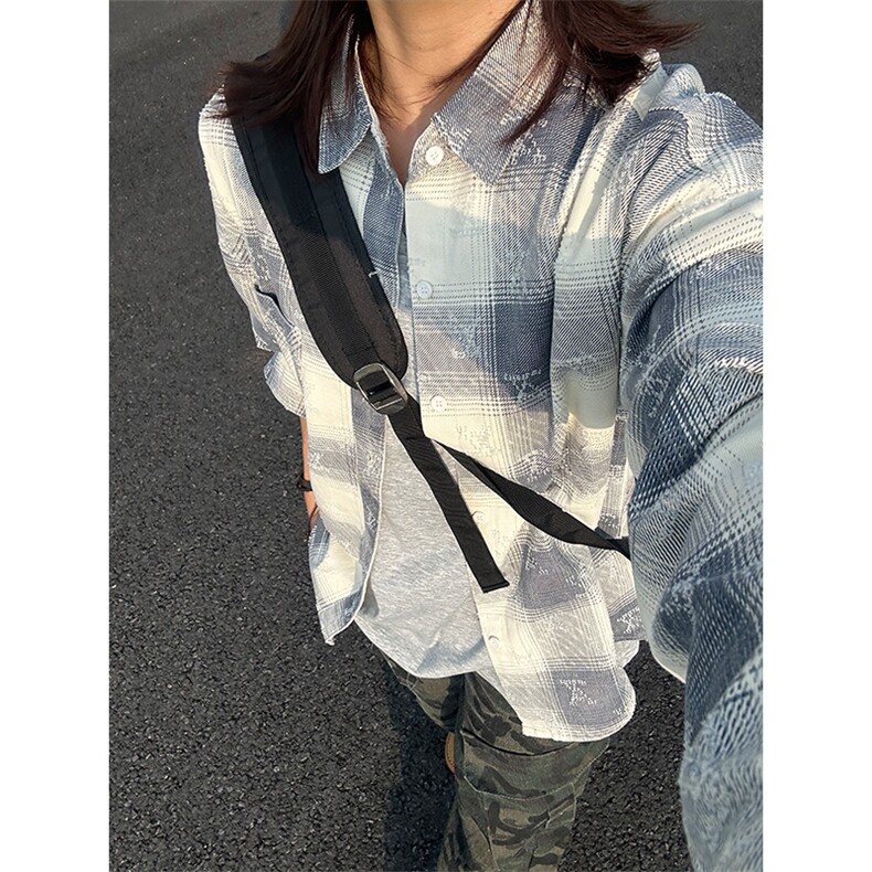 新款现货 牛仔长袖格子衬衫100棉成衣水洗上衣 CS323-P45图片