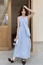 蓝色韩系简约休闲无袖连衣裙女2025夏季新款时尚松弛感时髦背心裙，女装连衣裙，2C135