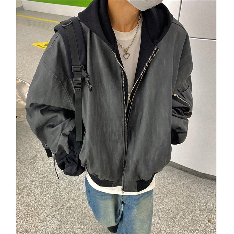 24秋装美式复古假两件皮衣棒球服连帽中性夹克外套男H994P98,男装夹克,电商A341