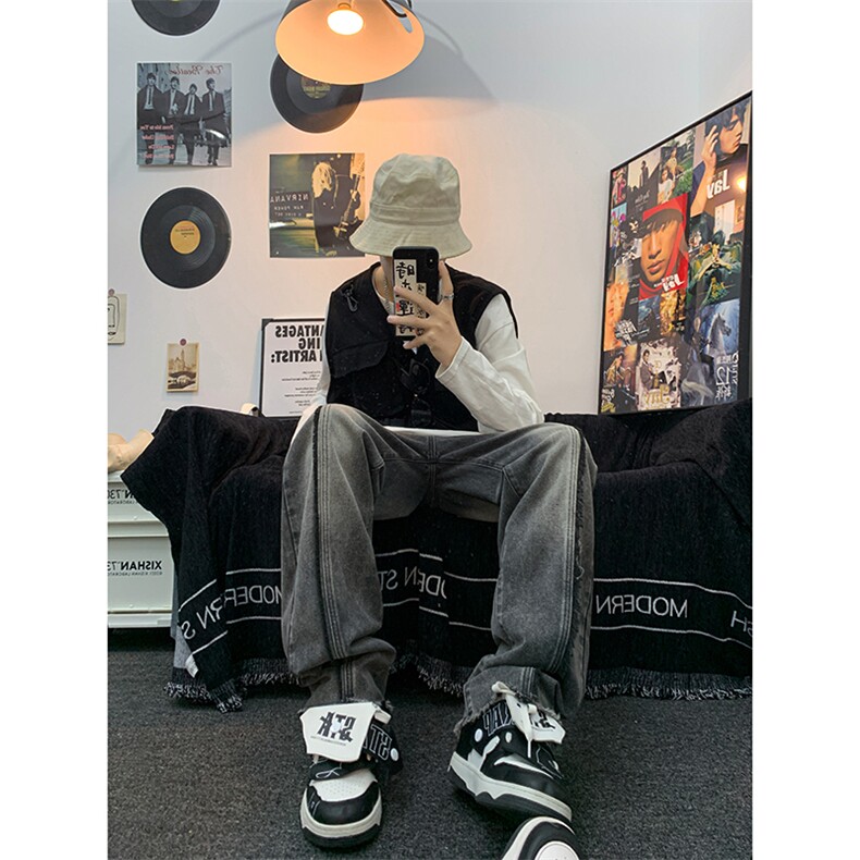 美式ins高街hiphop重工艺水洗毛边牛仔裤货号K712P65,男装牛仔裤,电商A063
