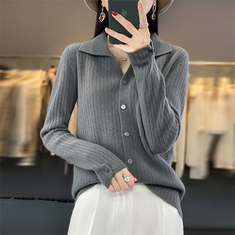 鄂尔多斯市春秋新款翻领100羊毛针织开衫外套女时尚薄外搭毛衣，女装羊毛衫，盛鼎羊绒