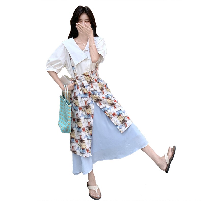 【现货】2025新款复古油画印花吊带裙+翻领衬衫拼接学院风两件套,女装连衣裙,2C238