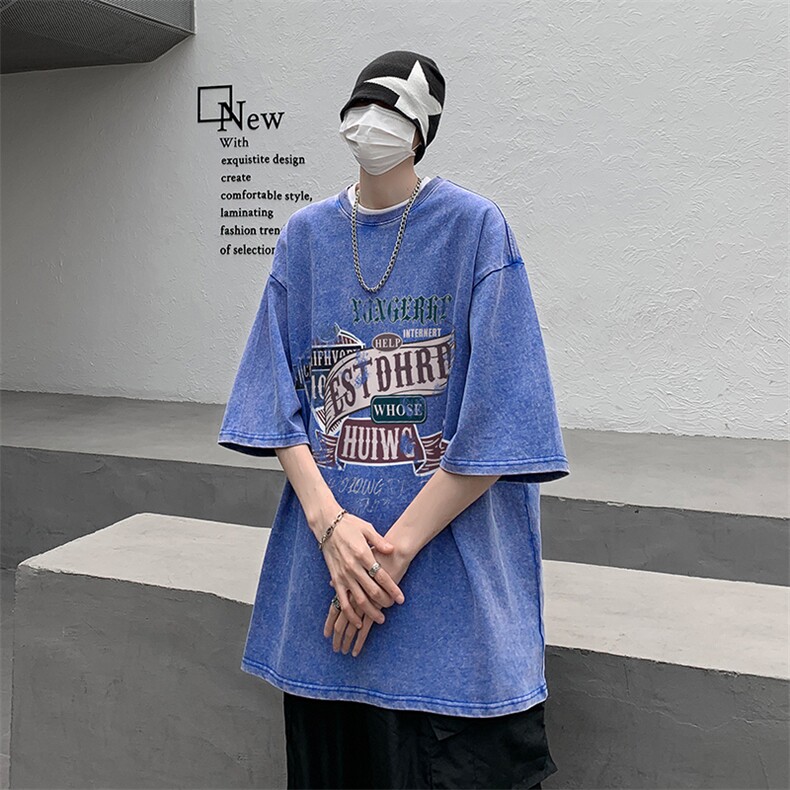 B239-1098-P38创意字母印花复古水洗做旧重磅落肩袖短袖T恤,男装T恤,星座514-2(原B239)
