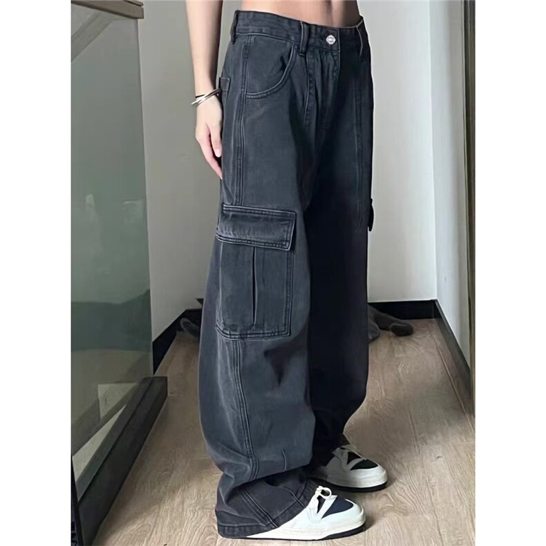 黑灰色直筒工装牛仔裤女2025新款美式hiphop高腰宽松拖地阔腿裤子,男装牛仔裤,星座506A