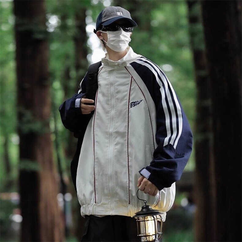L101-P58山系潮牌条纹拼接男女款休闲外套秋季高街撞情侣上衣,男装T恤,电商B323A