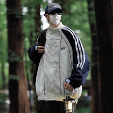 L101-P58山系潮牌条纹拼接男女款休闲外套秋季高街撞情侣上衣，男装T恤，电商B323A