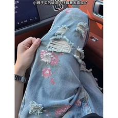 现货玫瑰破洞牛仔裤女满印裤美式高街设计感直筒长裤L66200-P50，男装牛仔裤，星座1008