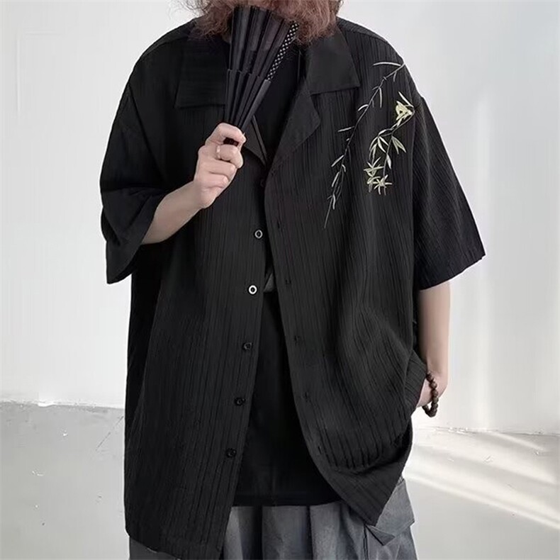 春夏短袖衬衫男式冰丝竹叶刺绣衬衣翻领衬衣716A-CS917-P50,男装T恤,星座716A（原星座815-4）