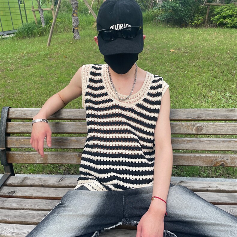 背心夏季新款情侣高颜值慵懒风黑白色条纹针织男女JA501-P35,男装背心/马甲,星座1109-3