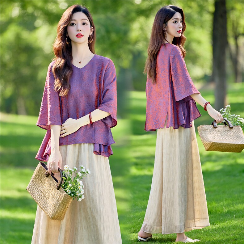 休闲时尚套装女春夏宽松显瘦七分袖上衣气质裙裤两件套，女装套装/套裙，水衣源