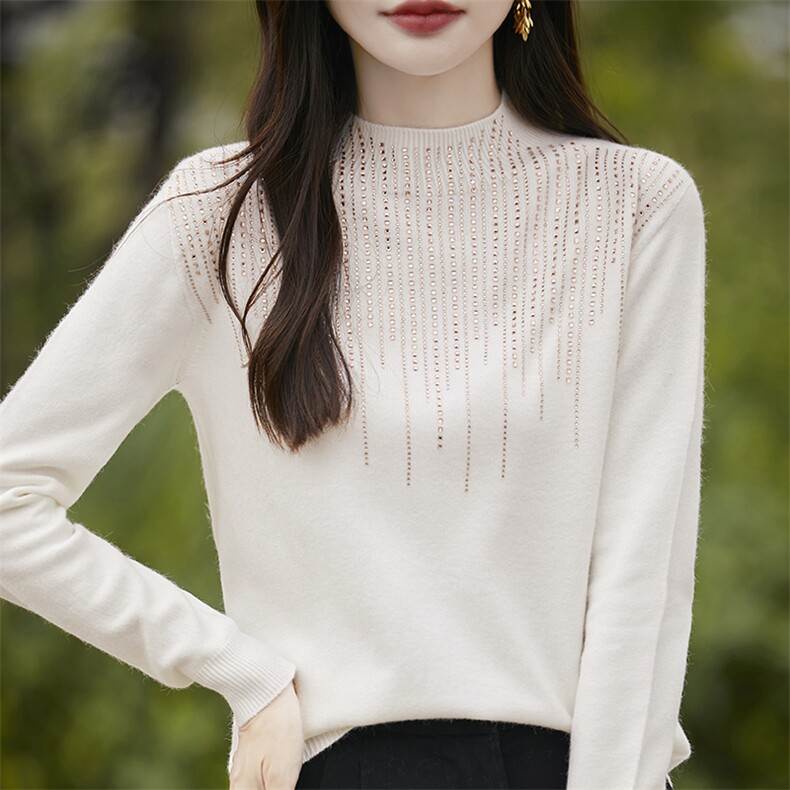 2025年秋季常规款通勤单件长袖半高领烫钻套头休闲百搭针织衫，女装针织衫/毛衣，斯美雅安迪绒