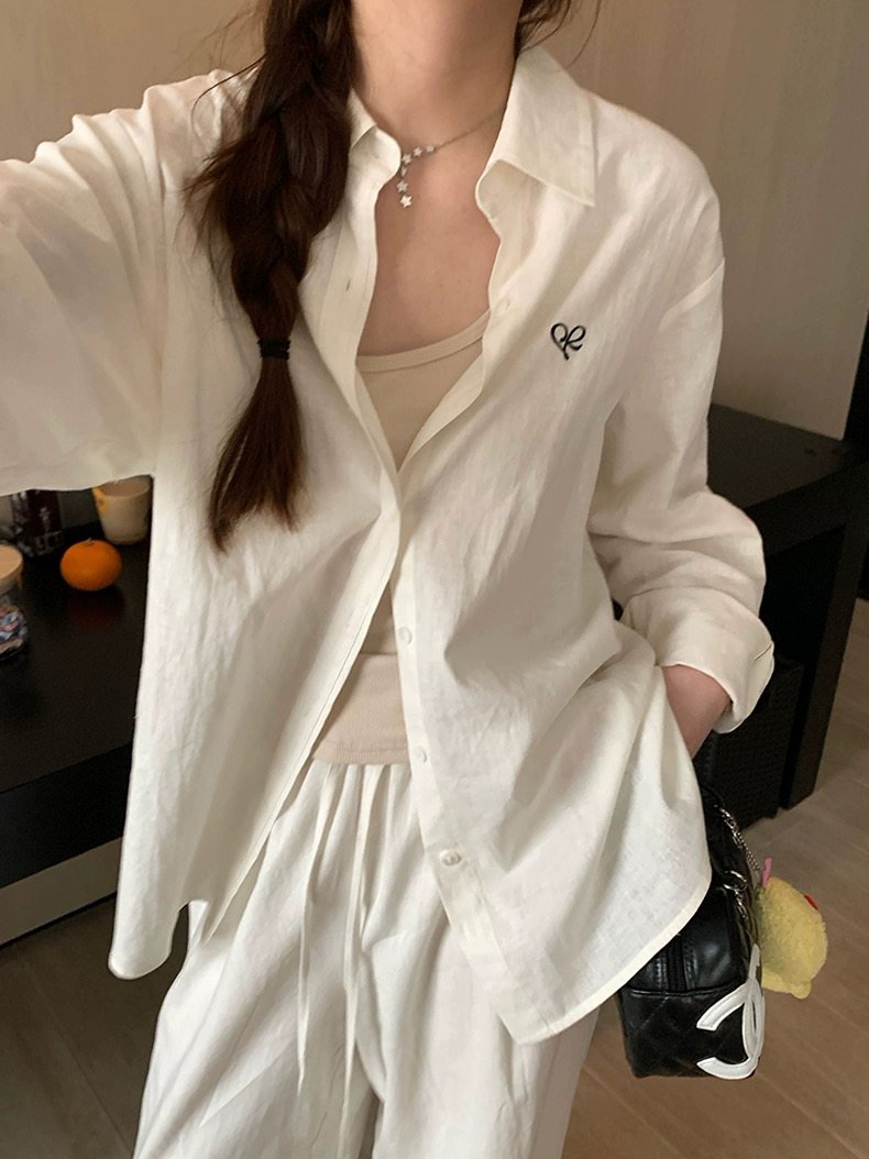 夏季亚麻刺绣休闲防晒衬衫+短裤套装,女装衬衫,湘姗