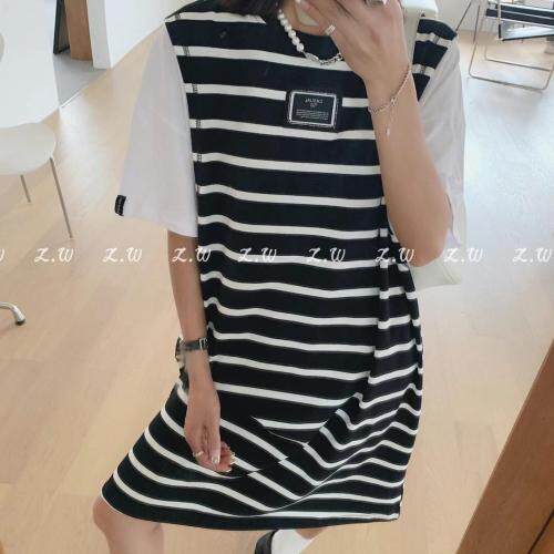 夏季新款拼接连衣裙休闲条纹，女装连衣裙，AT(2F)