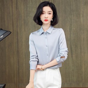 杭州真丝衬衫女长袖纯色翻领重磅桑蚕丝上衣宽松直筒杭州丝绸秋装,阿萨阿萨舞蹈穿搭小个子图片