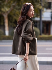 抽绳立领短款外套女2025秋新款宽松休闲穿搭格里韩版工装夹克风衣，女装短外套，靓衣阁