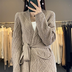 中长款100%纯羊毛开衫女V领重磅加厚腰带外套毛衣宽松羊绒衫上衣，女装羊毛衫，狄美羊绒