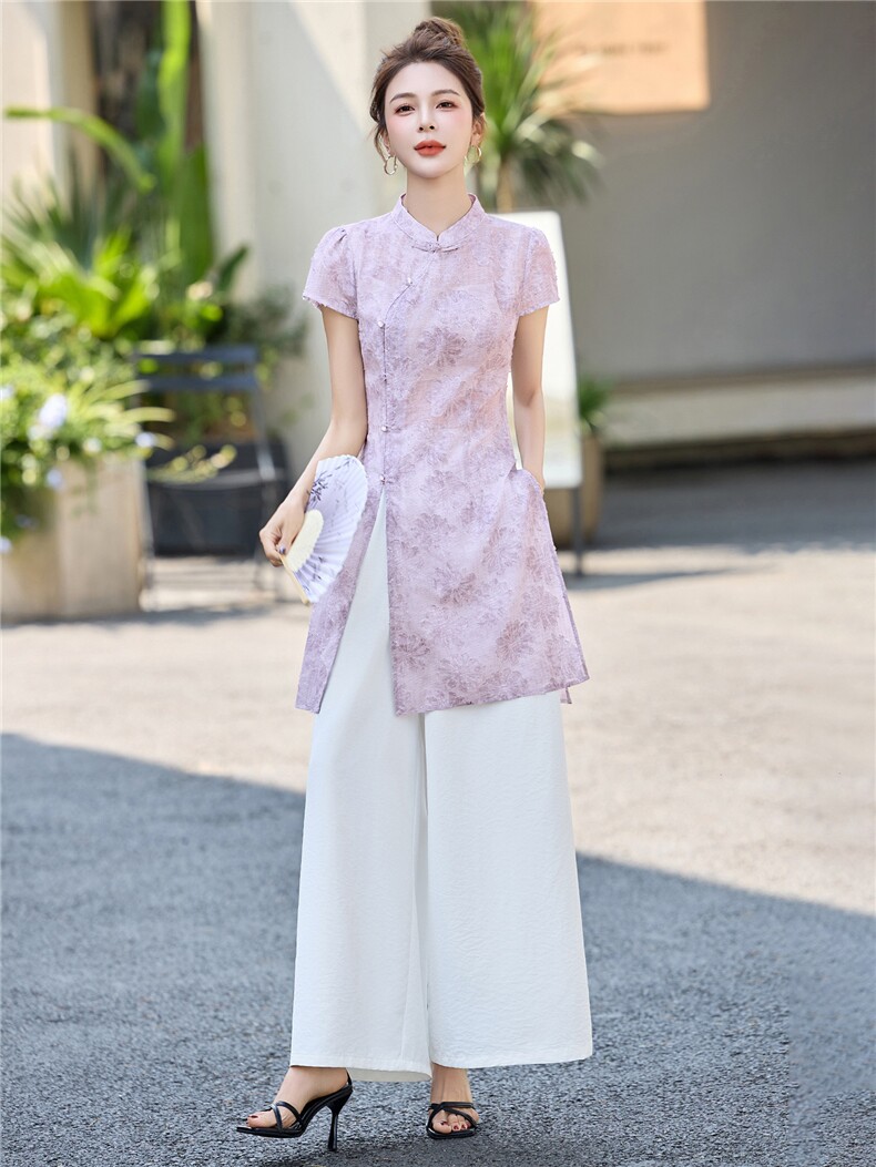 新中式国风短袖旗袍套装女2025夏季高级感气质年轻款阔腿裤两件套,女装套装/套裙,贵人树