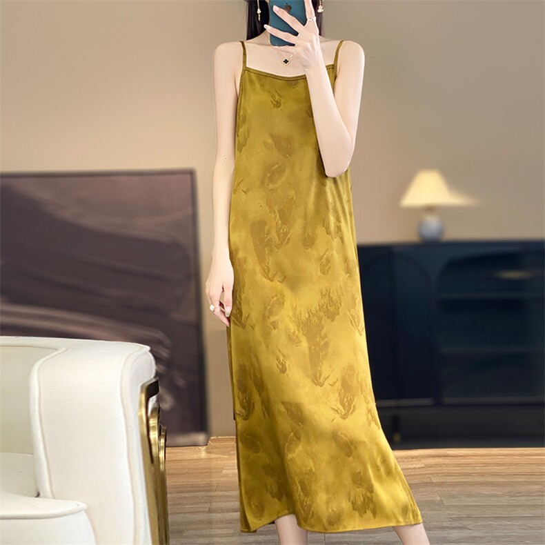 女夏高级感醋酸提花裙子显瘦气质绸缎长裙法式真丝缎面吊带连衣裙,女装连衣裙,佳绒高端店