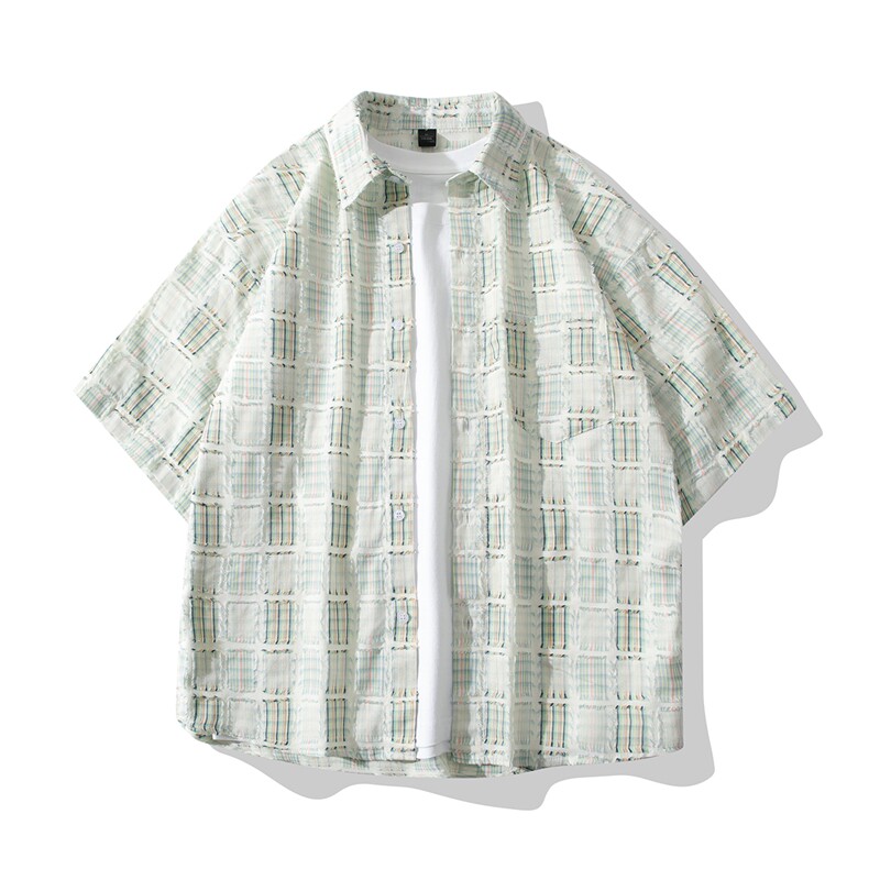 B413-1-CS343纯棉流苏格子短袖衬衫轻薄透气学生半袖衬衣外套控79，男装T恤，电商B413-1