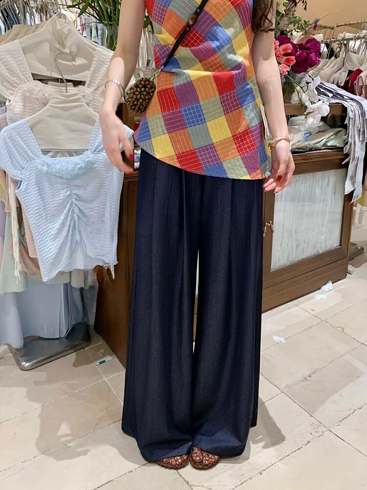 新款夏季冰凉天丝莱赛尔牛仔显瘦高腰垂感阔腿裙裤,女装休闲裤,湘姗