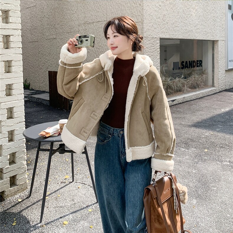 韩系连帽麂皮绒羊羔毛外套女冬超火减龄百搭保暖皮毛一体图片