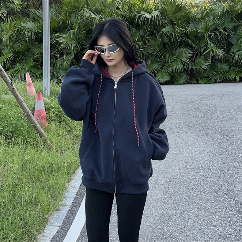 抖音得物二开美式高街重磅结构双层撞色连帽卫衣开衫外套W116,男装卫衣,电商A486