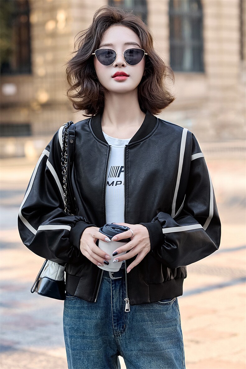 现货撞色立领皮衣2025年女秋季新款水洗宽松百搭皮上衣,女装皮衣,英标秀（1C119）