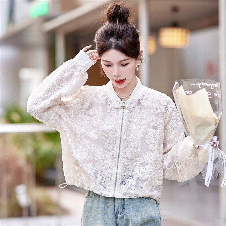 国风蕾丝刺绣棒球服外套女2024春夏新款小个子宽松百搭薄款防晒衣,女装短外套,大掌柜