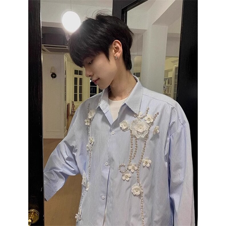立体订花衬衫长袖条纹衬衣高级感新中式外套CS22546特P59,男装衬衫,星座908-1