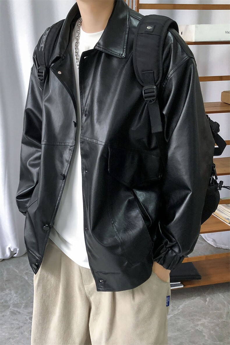 现货春装皮衣外套男宽松休闲PU机车皮夹克潮流A584-P90加绒100,男装皮衣,电商A351