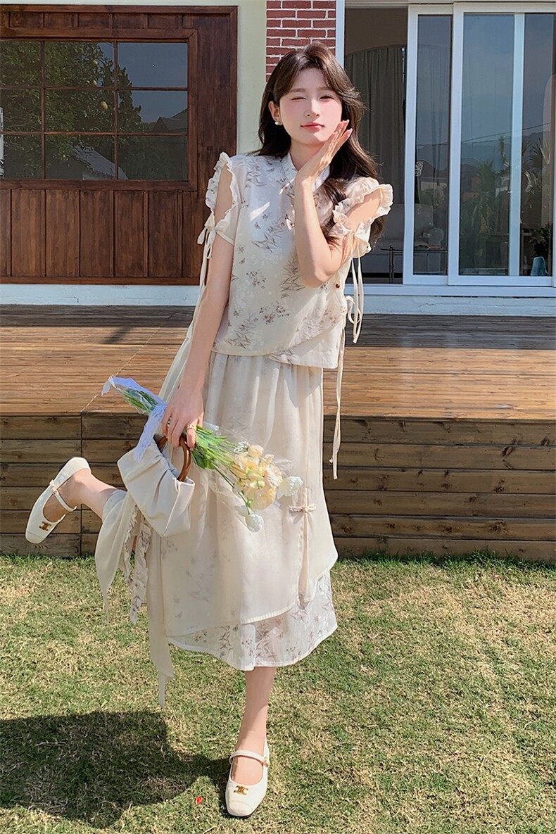 现货！新中式印花两件套连衣裙2C133-9006-P135-K188,女装套装/套裙,2C133