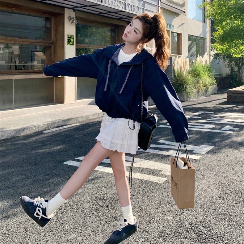 甜酷气质减龄工装风连帽外套女2025秋季新款甜美松弛宽松百搭夹克,女装短外套,2C129