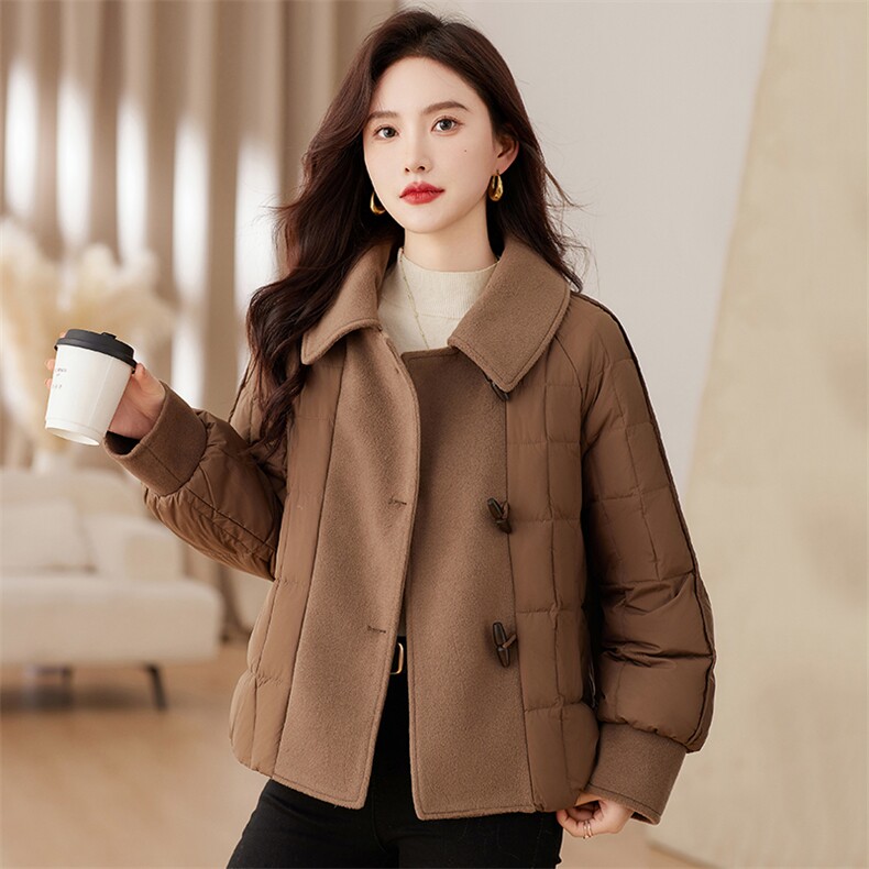 时尚毛呢拼接羽绒服女2023新款冬季宽松保暖白鸭绒短外套冬装,女装羽绒服,衣之秀