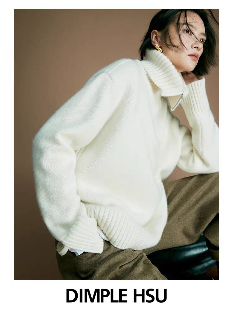 翻领毛衣女新款2024秋冬套头短款宽松慵懒针织上衣,女装羊毛衫,思途羊绒