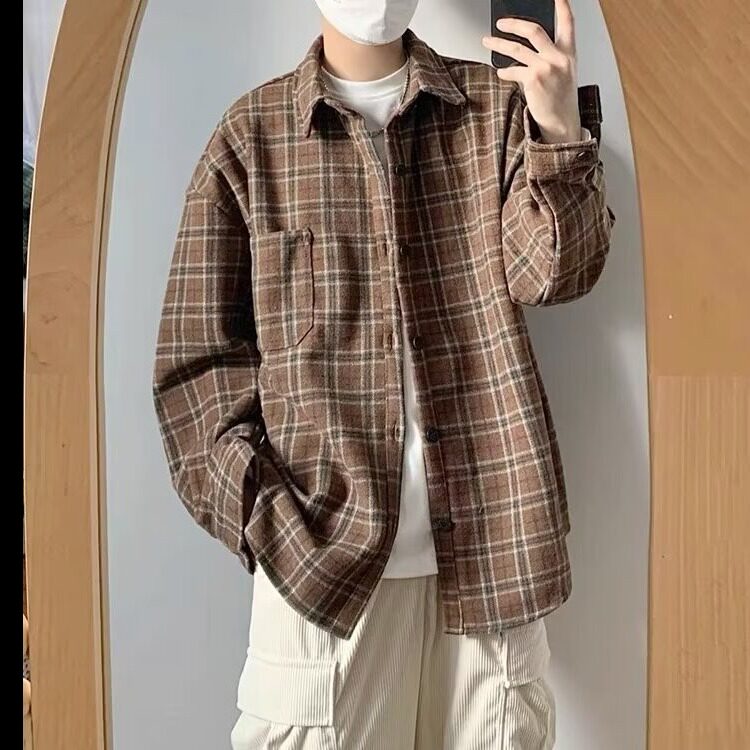新款日系复古外套格子长袖衬衫男女款外搭宽松磨破设计感上衣秋装图片