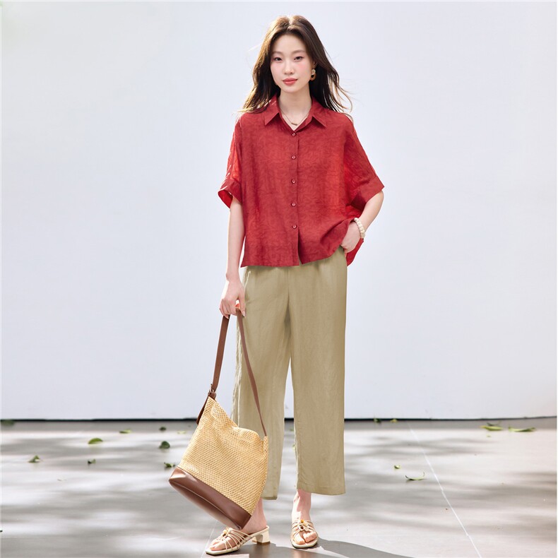 长期现货2026年夏季冰天丝时尚休闲两件套装提花衬衫休闲阔腿裤女,女装套装/套裙,璐依舞