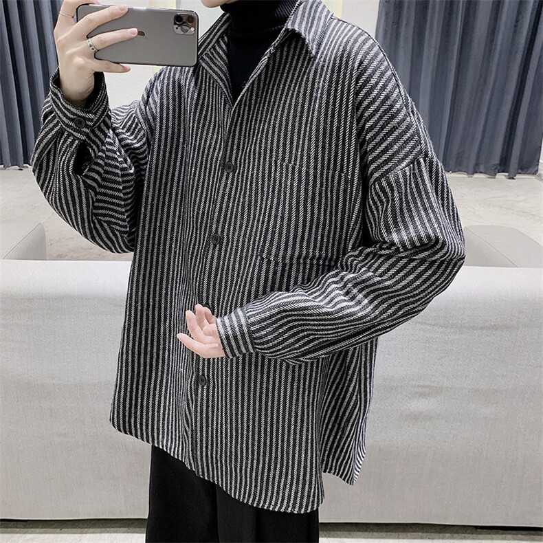 港风复古格子衬衫加厚男士慵懒宽松百搭毛呢衬衣外套,男装衬衫,电商B413-1